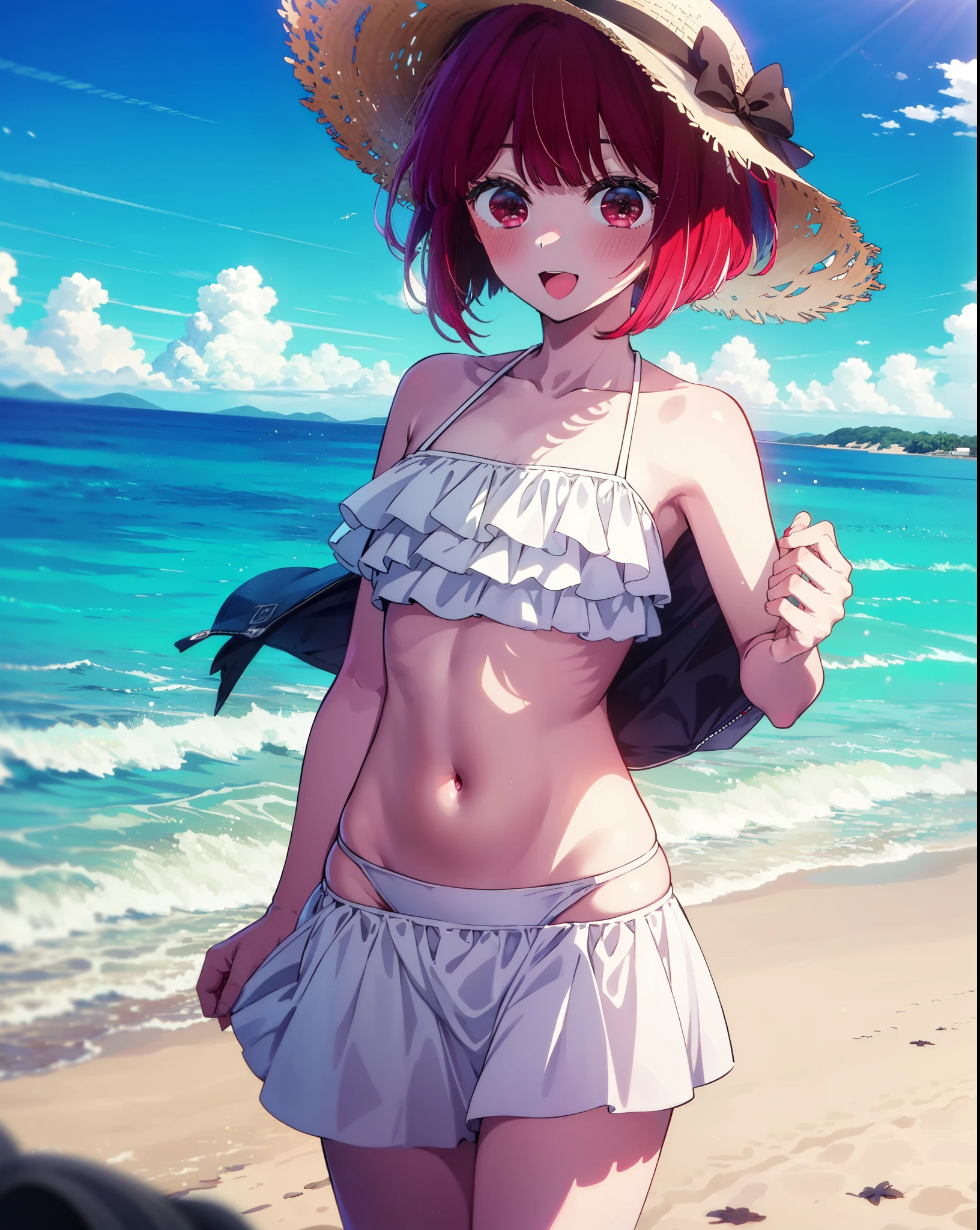 canary, Arima etc., short hair, bangs, (Red eyes:1.3), Redhead, Bobcut, Straw hat,smile,Open your mouth,blush,White string bikini swimsuit with frills,Belly button,abdomen,A thin long skirt is wrapped around her waist,barefoot,Sandy Beachを散歩している,whole bodyがイラストに入るように,
break outdoors, Sandy Beach,Beach,
break looking at viewer,whole body,  (Cowboy Shot:1. 5),
break (masterpiece:1.2), Highest quality, High resolution, unity 8k wallpaper, (figure:0.8), (Beautiful attention to detail:1.6), Highly detailed face, Perfect lighting, Highly detailed CG, (Perfect hands, Perfect ),