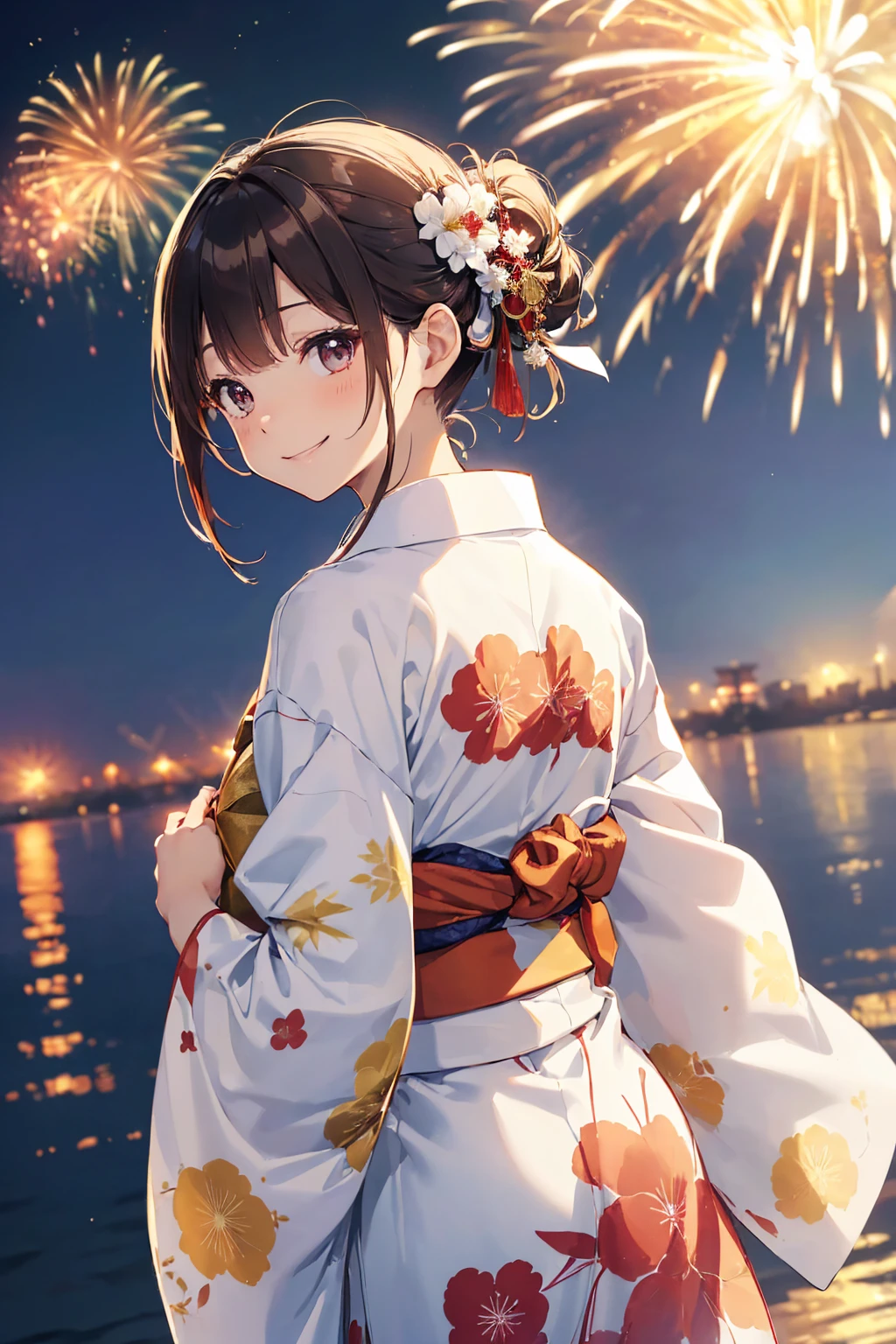 ((Highest quality, 8k, masterpiece: 1.3)),RAW Photos,Realistic atmosphere,Lens flare, Ray Tracing,(Detailed beautiful white skin:1.3),Beautiful Japanese, High resolution face,shiny light brown hair,Hair Bun,Red and gold hair ornament,(Watching the fireworks wearing a floral yukata:1.2),Huge fireworks,(White yukata with sleeves:1.2),((Wrinkled Heko Obi:1.3)),((Looking back with an innocent smile:1.3)),ぼやけたLarge fireworks,(Lots of colorful fireworks:1.2),Fireworks bursting into the sky,Large fireworks