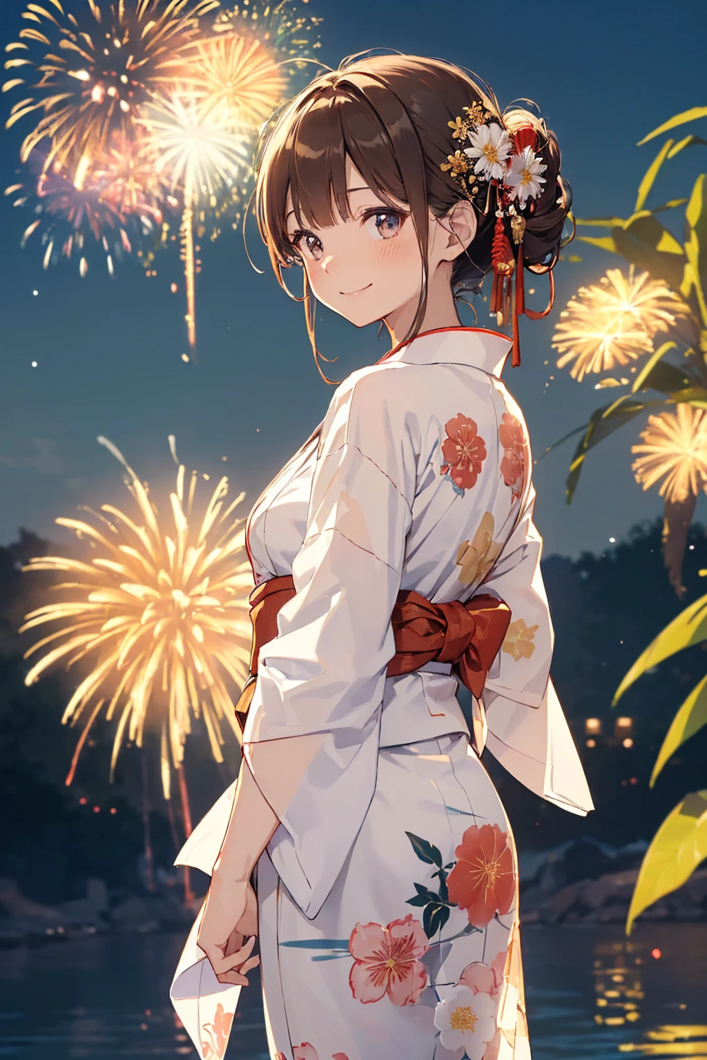 ((Highest quality, 8k, masterpiece: 1.3)),RAW Photos,Realistic atmosphere,Lens flare, Ray Tracing,(Detailed beautiful white skin:1.3),Beautiful Japanese, High resolution face,shiny light brown hair,Hair Bun,Red and gold hair ornament,(Watching the fireworks wearing a floral yukata:1.2),Huge fireworks,(White yukata with sleeves:1.2),((Wrinkled Heko Obi:1.3)),((Looking back with an innocent smile:1.3)),ぼやけたLarge fireworks,(Lots of colorful fireworks:1.2),Fireworks bursting into the sky,Large fireworks