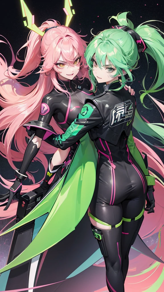 1 girl, anime, futuristic setting, tall, elegant tuxedo, neon green hair, pink streaks in hair, orange eyes, muscular, sleeves rolled up, messy hair, ponytail, beauty marks, moles, sharp teeth, shark tail, smirk