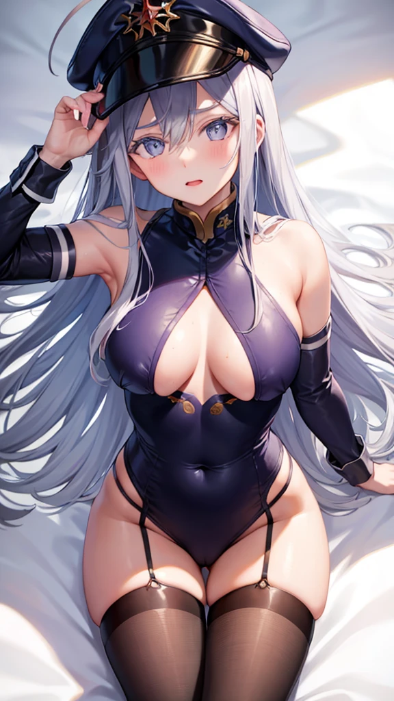 Vladilena Miles,Beautiful eyes,Doujinshi, alone,woman, 成熟したwoman,masterpiece, Highest quality,Gray Hair,tits,nipple, naked,No clothes,chest,Climax,Real young gravure idol, tits proportions, tits,tits cyberpunk, Naughty,Naughty style,Lying on your back,Embarrassed face,Thighs,Hair between the eyes, Long Hair, Ahoge, Perfect body, Watching the audience,Mouth open, blush,bed,Highest quality, High resolution,4K images,Ultra HD,hat, military, military hat, Peaked cap, thighhighs