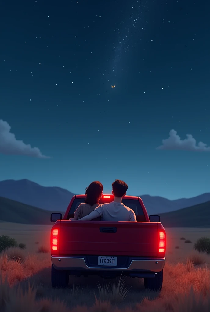 Create an animated image of a couple in a red pickup truck lying in the back of the truck looking up at the stars