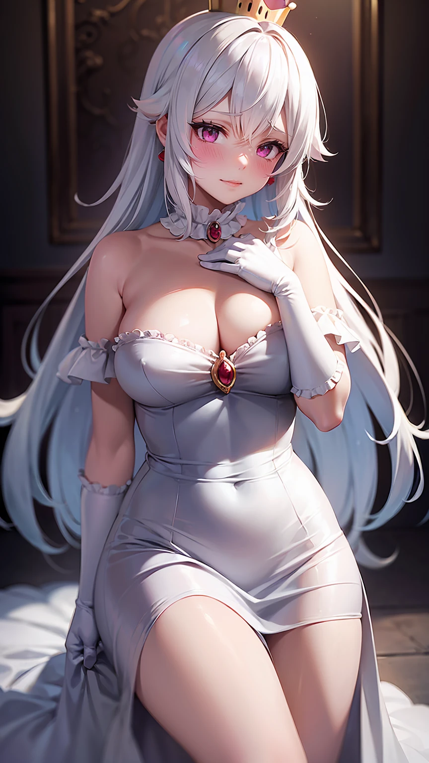 ((masterpiece)), ((best quality)), (detailed), perfect, solo, boosette, gorgeous girl, luscious lips, white hair, (((very shy))), (((blushing))), in a haunted mansion, (((off shoulders))),