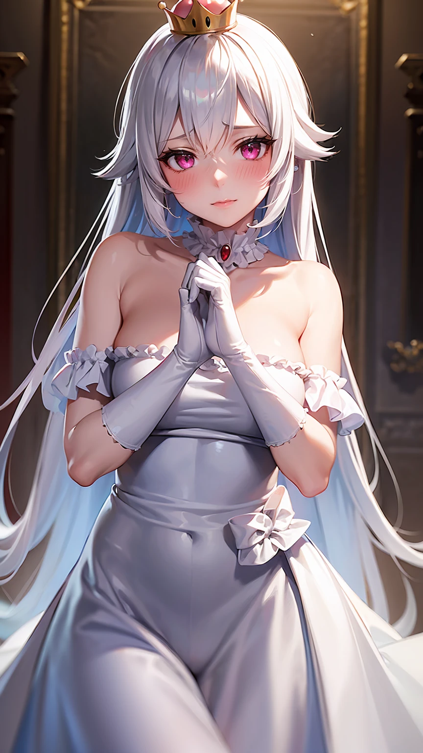 ((masterpiece)), ((best quality)), (detailed), perfect, solo, boosette, gorgeous girl, luscious lips, white hair, (((very shy))), (((blushing))), in a haunted mansion, (((off shoulders))),