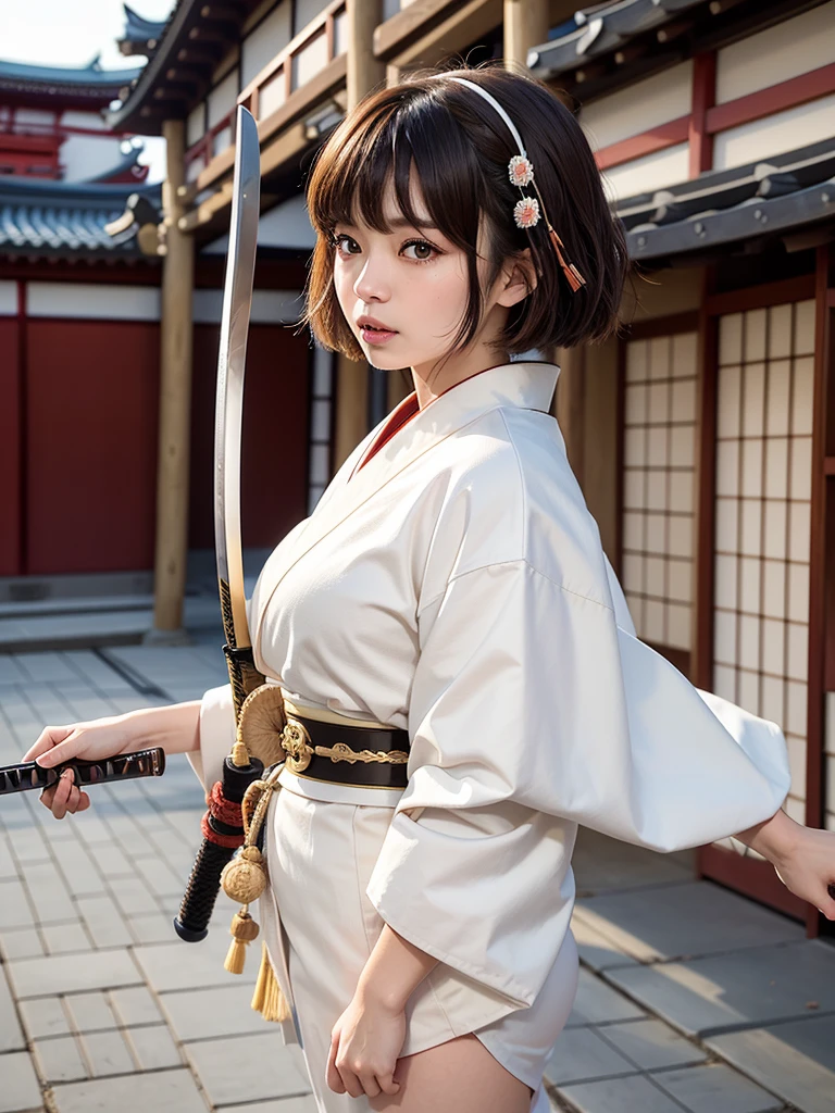 ( bangs, blunt bangs, brown hair, short hair, Straight hair, Depth of written boundary, f/4.0, 135mm, Nikon, uhd, masterpiece, Textured skin, Super detailed,4K,Wide-area lighting),(Beautiful woman: 1.4、Very white skin、Fine grain、 double eyelid)、(((wearing a luxurious kimono、Full body view、Sengoku period、Japanese-style building、Japanese sword、Angry expression)))