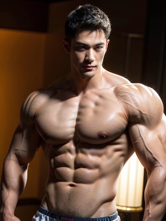 Thai muscular man, too much muscle, handsome, Clear skin, 4K, full body, Very orange background, Orange theme, happy face, sharp jaw, Eye piercing, detailed face, Beautiful, flawless skin, Bulging muscles, Torn abdomen, Healthy body, Strong structure, confident demeanor, incredible light, High quality, realistic, studio lighting, HDR, very detailed, Sharp focus, ((((Eyes shrink))) , smile ,Half shot