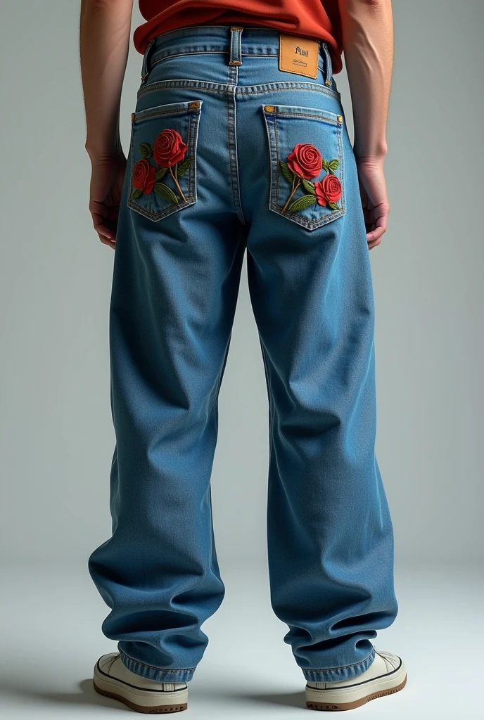 A man age 24 wearing a little bit of baggy jeans of blue colour and on the jeans their is a rose stitch with threads on its back side with b  and the boy is standing showing his back side of the jeans  