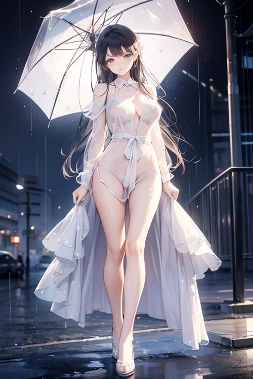 (Highest quality)), ((masterpiece)), (detailed), View from below looking up at a woman,((Full body shot 1.5))，A woman walking in the rain without an umbrella,In the city where buildings stand side by side，28歳のBeautiful woman，Married women，口を開いて微笑むMarried women，The look of temptation，Very sexy，(((Big Breasts，A white open-necked shirt with a large opening，Wet, see-through clothes)))，Small nipples，Pose that emphasizes the crotch，A woman completely soaked,
Beautiful woman，Beautiful Face，Big eyes，Beautiful Eyes，Beautiful double eyelids，Beautiful teeth alignment，8 heads，Beautiful body lines，Slender body，Beautiful Hands，Beautiful feet，Long hands，Long legs，Long and supple hair，Wet and shiny hair，Black Hair，Full body shot 1.4，Embarrassed expression，blush，Mouth half open，Beautiful shoulders，Beautiful clavicle、Woman standing with legs spread，((I&#39;m not wearing a skirt.7,Naked under the shirt 1.8,No bra or panties))，nsfw1.9,