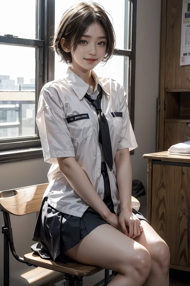 Japanese girl　short hair　Smile 　boyish　18-year-old 　uniform　Student Council President　　sitting on desk　White underwear