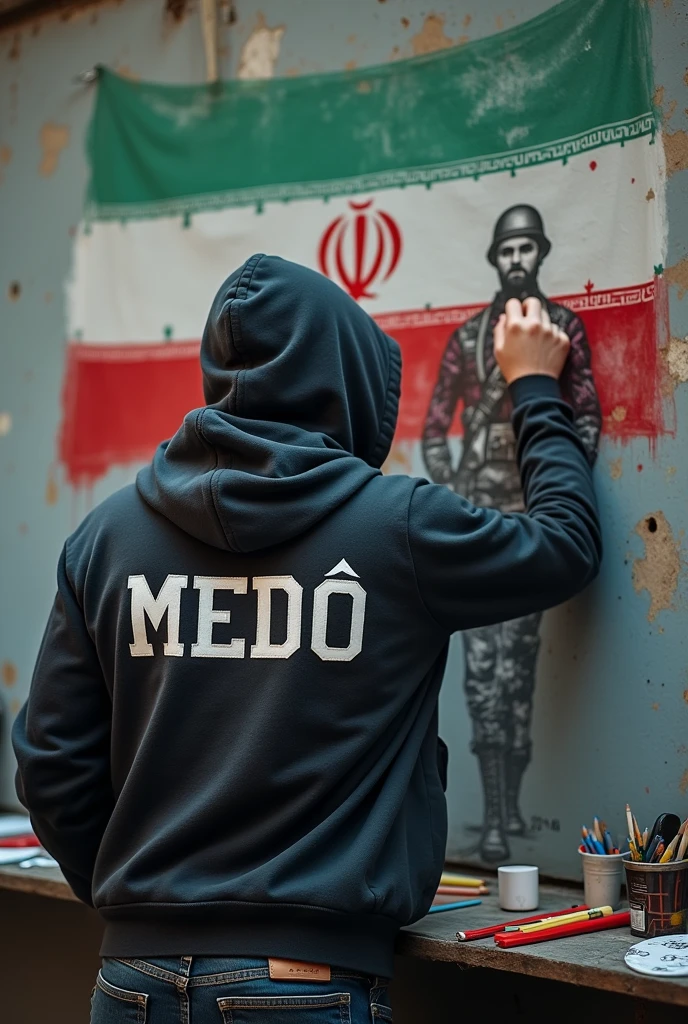 high quality, 8K Ultra HD, someone is drawing elite military on the wall, art tools lay below, wearing hoodie with writing on the back of the hoodie MED🇮🇷 and there is an Iranian flag , in tehran city