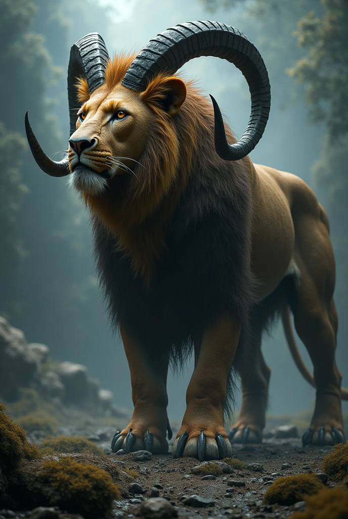Gigantic dangerous and mythical muscular lion with big goat horns with scary background