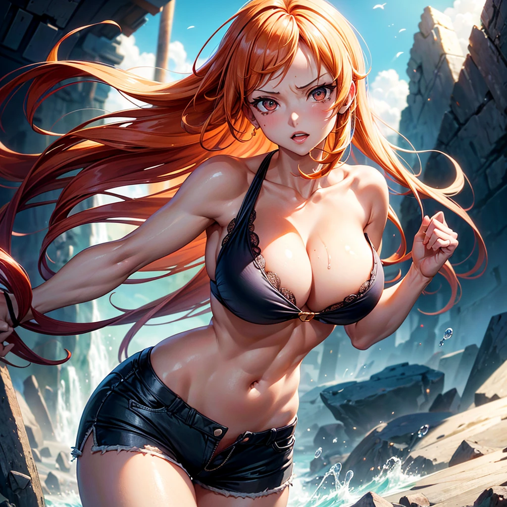 (One Piece Nami) Close-up, frontal portrait, gaze, perspective, 8K, gorgeous lips, (masterpiece), (highest quality), (super detailed), ((sexy; 1.5)) extremely beautiful, illustration, perfect composition , intricate, extremely detailed faces, (animated, masterpiece, complex: 1.3), (best quality, featured textures, high detail: 1.2), (4k), (extreme detail: 1.4) moody lighting, happy, tired, Stains, dripping on face, dripping on chest, blushing,, worshiping face focus, looking at each other, breasts touching, side view, dynamic angle, expressiveness, (Masterpiece, Best Quality: 1.2) Wearing ultra-detailed mecha, Precision helmet, steel bullets, healthy skin, (extreme details: 1.4) clearly visible muscles, plump girl, wide eyes, provocative posture, amazing ass, hot and provocative expression.                 Beautiful, exaggerated long orange hair, glowing skin, seductive poses, cleavage, large breasts, exposed bikini breast details, clothes may unintentionally unravel (spread apart), inlays (causing clothes to pull at the crotch), crop tops may Will tear and top may slip off (resulting in exposure).        (Masterpiece, best quality: 1.2), beautiful, radiant skin, seductive pose, cleavage, smooth skin, large breasts, showing breast details, healthy skin, showing buttocks, skin tone shorts panties moved to thighs, lots White viscous liquid oozed from it.         Healthy skin, close-up, ass, ripped mini shorts, body exposed, details: legs spread, her ass in focus, her eyes flashing with orgasm, her big breasts showing off her cleavage, navel, muscular, Seductive, big breasts, cleavage exposed navel (tanned): 1.6),