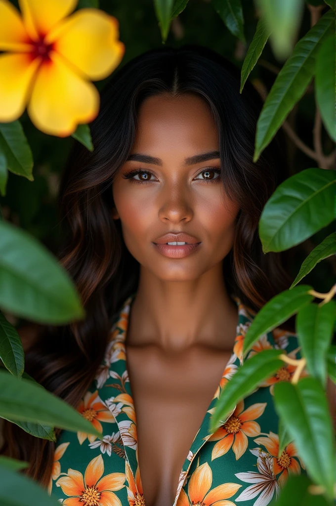 A Brazilian woman in a lush tropical garden, wearing an open shirt with a floral print, with a close-up capturing the harmonious beauty between her breasts and the natural flowers, showing off your natural charm and outgoing personality.