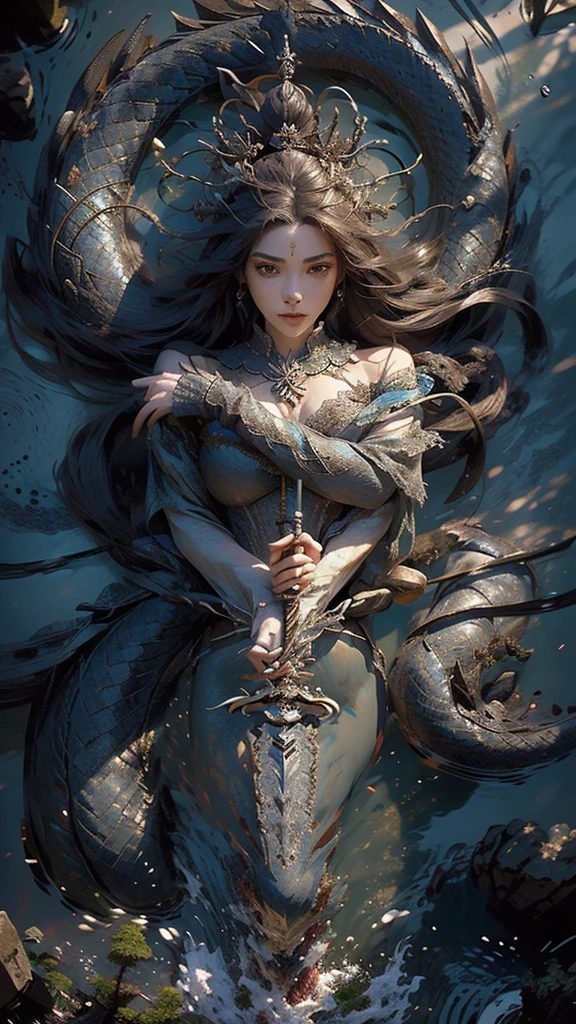 On the mountain coast,A beautiful dragon girl,long hair shawl,Big breasts,Wearing Immortal Clothes,Sword,Perform sword dance alone
