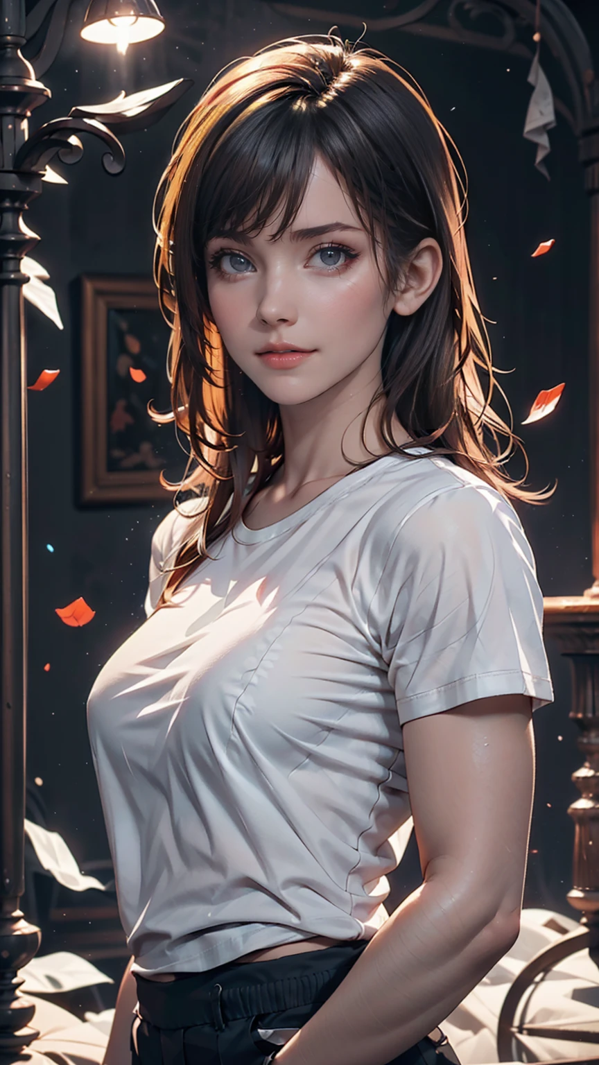 White T-shirt, Adorable,Hail 33, 18-year-old(1.0),(Scattered beneath the surface:1.1),Sharp focus,Award-winning photo,Professional portrait photography,RAW Photos (Highly detailed background:1.2),(Fantasy:0), Dramatic lighting, Full body portrait, Are standing, Full body photo, Full body photograph, Full Body Shot,