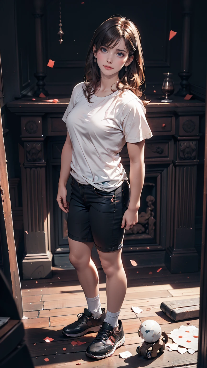 White T-shirt, Adorable,Hail 33, 18-year-old(1.0),(Scattered beneath the surface:1.1),Sharp focus,Award-winning photo,Professional portrait photography,RAW Photos (Highly detailed background:1.2),(Fantasy:0), Dramatic lighting, Full body portrait, Are standing, Full body photo, Full body photograph, Full Body Shot,