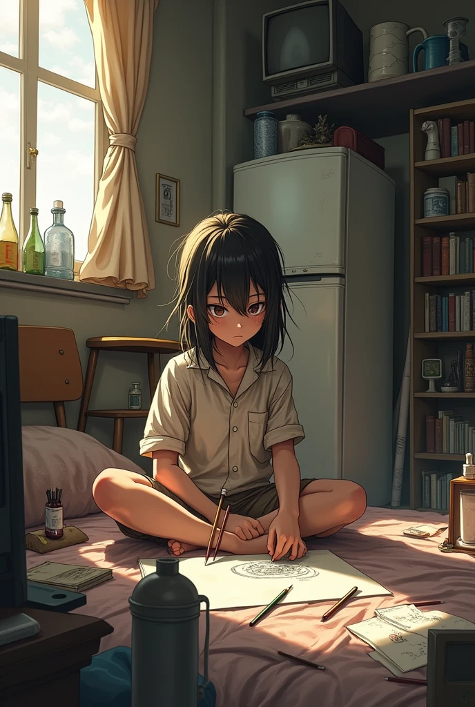 A poor Artist Girl making sketch . Sitting on bed, room full of objects like chairs, fridge, bottles, book rack, tv etc. Girl have pencils and canvas.