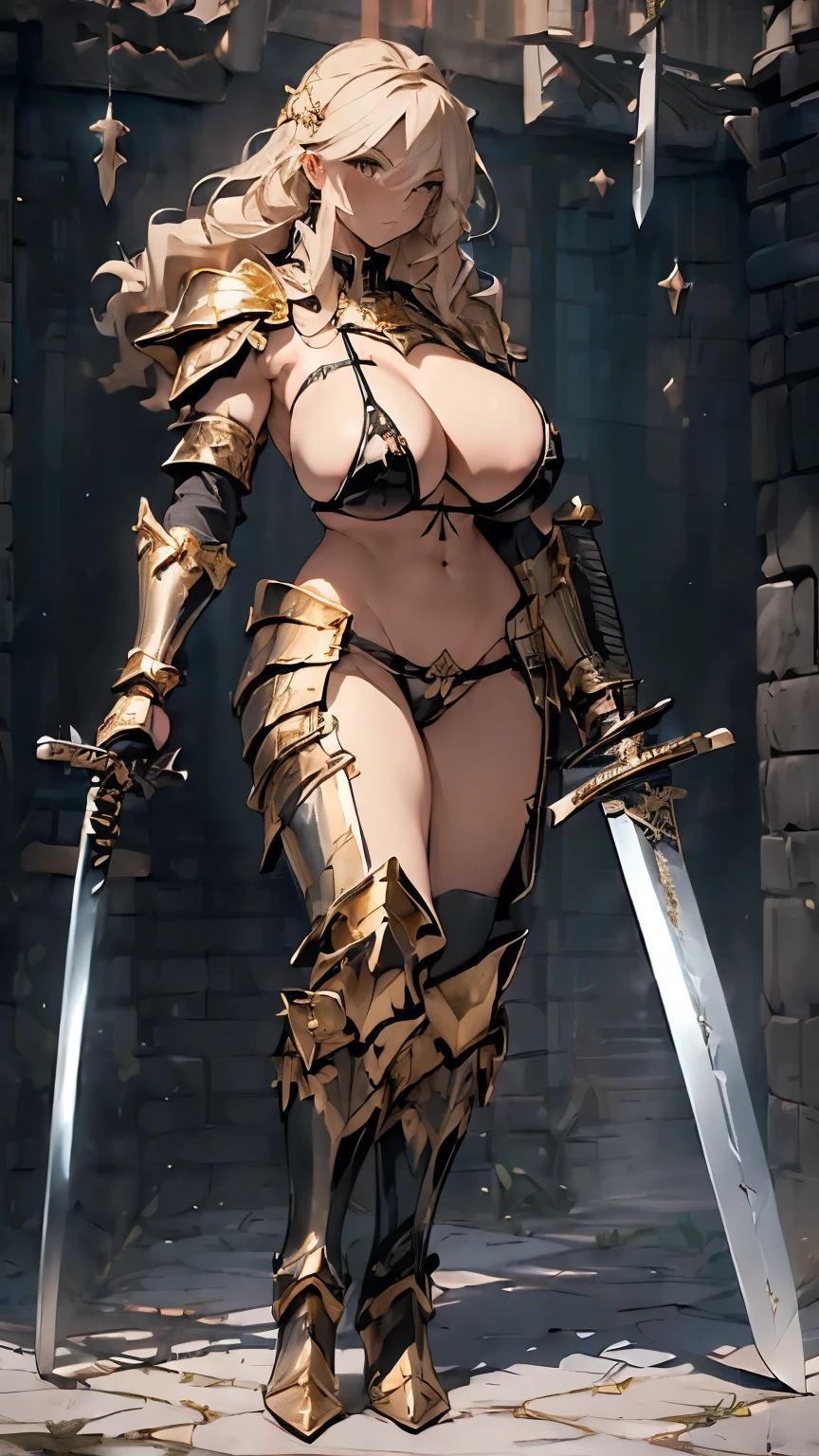(huge Sword:2.0)、looking at the camera、Blonde Wavy Hair、female knight、Beauty、((Black metallic micro bikini:1.5)、(Gold Belt)、(Black knee-high socks、Black garter belt)、(Gold Armor:1.5)、(Gold boots:1.5)、Black Cape)、((Huge breasts:1.5)、Cleavage、(Underboob:1.5)、(Sideboob:1.5)、(glamorous、curve)、Belly button、A large glowing red tattoo on the crotch、Camel toe、Absolute area、Wide Hips、Thick thighs、Revealing outfit、(NSFW))、(whole body:1.5)、Shooting from the side、royal palace、Swinging the Sword