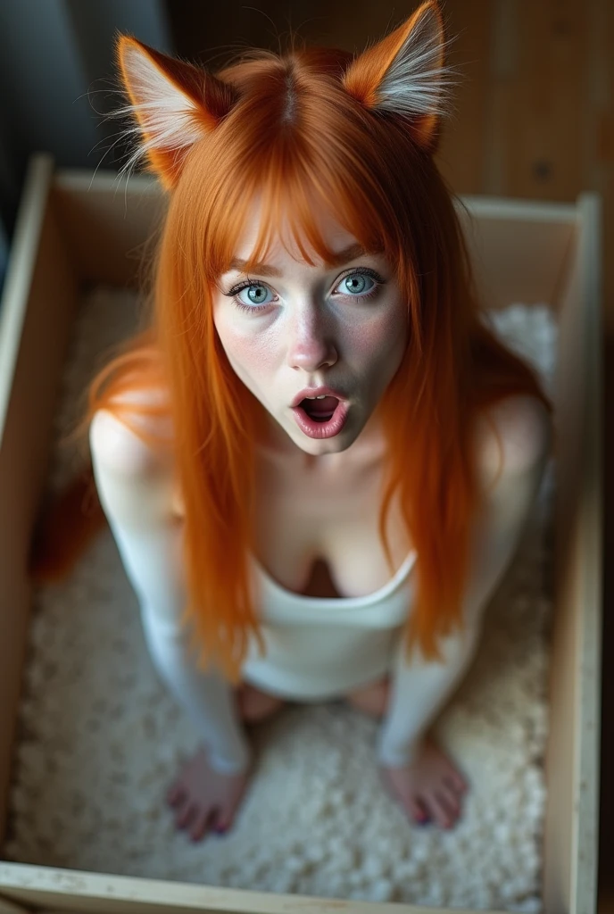 A shocked 18 year old Russian girl wearing a cat costume standing in a cat box with white gravel shot from above as she looks at the camera. Big breasts. Wearing cat makeup. Orang hair