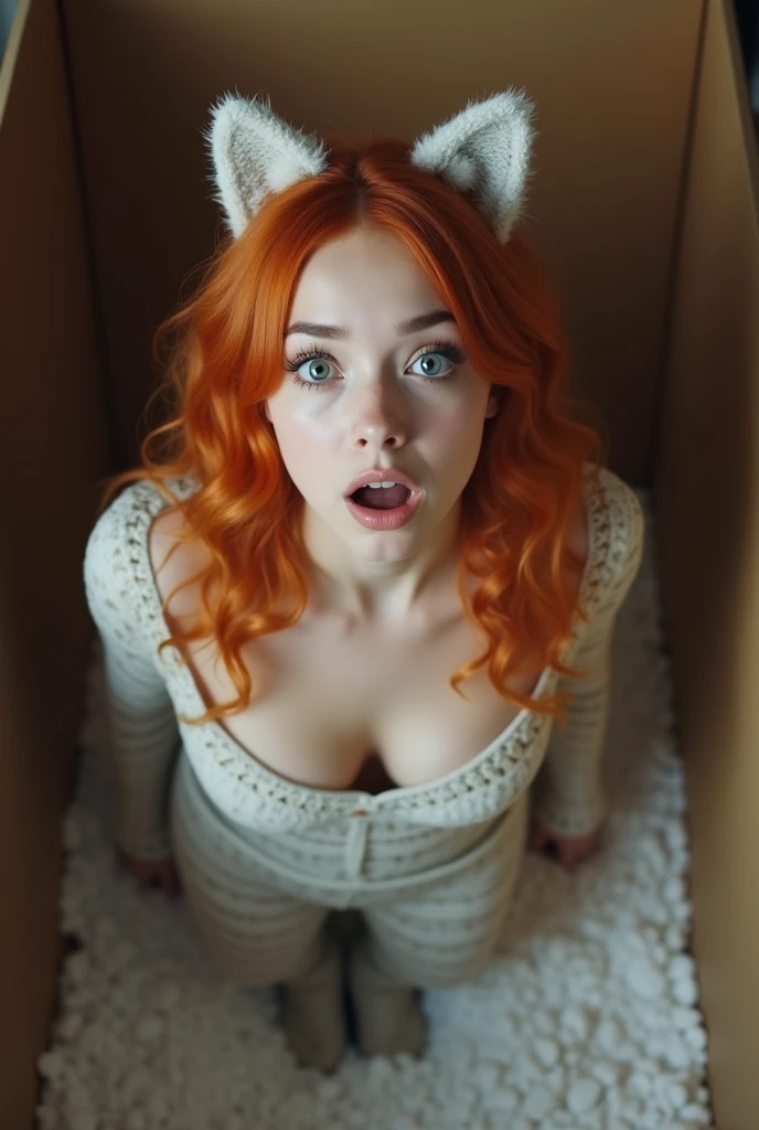 A shocked 18 year old Russian girl wearing a cat costume standing in a cat box with white gravel shot from above as she looks at the camera. Big breasts. Wearing cat makeup. Orang hair