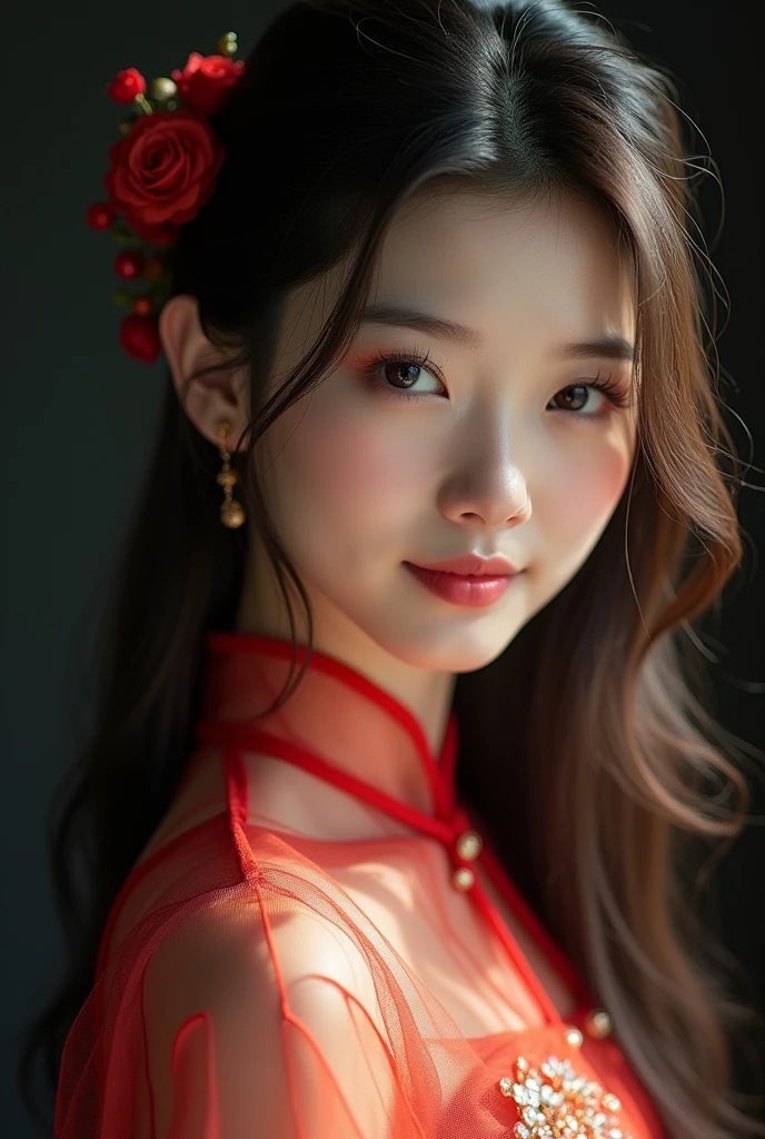 best qualityer, work of art, high resolution, 1 girl, transparent silk china don, beautiful face, hair ornament, looking ahead at viewer, ssmile, cloused mouth,lips, don,hair ornament, necklase, jewerly, long hair, aretes, beautiful face,about_cos, Tyndall effect,photorrealistic, dark studio, rim lighting, two tone lighting,(highly detailed skin:1.2), 8k uhd, dslr, soft lighting, high qualiy, volumetric lighting, candid, fot, high resolution, 4K, 8k, bokeh