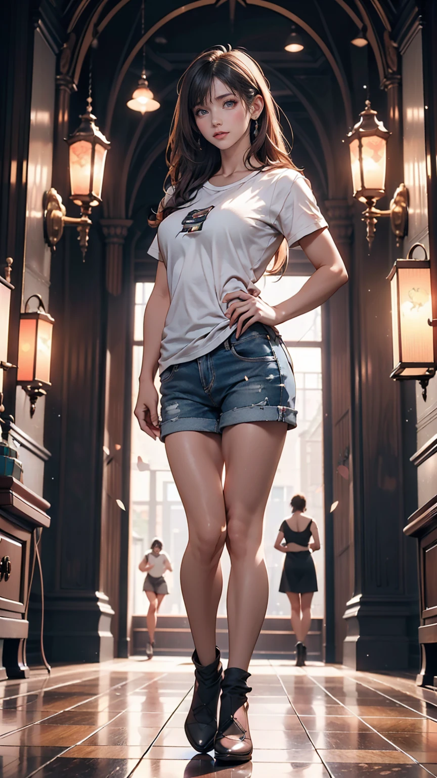 White T-shirt, Adorable,Hail 33, 18-year-old(1.0),(Scattered beneath the surface:1.1),Sharp focus,Award-winning photo,Professional portrait photography,RAW Photos (Highly detailed background:1.2),(Fantasy:0), Dramatic lighting, Full body portrait, Are standing, Full body photo, Full body photograph, Full Body Shot,