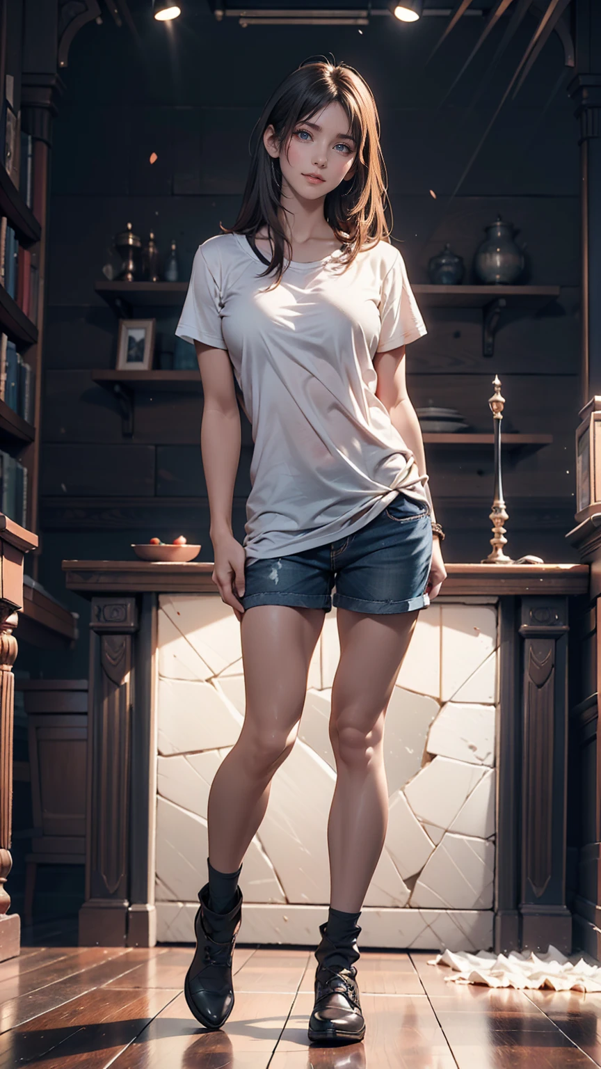 White T-shirt, Adorable,Hail 33, 18-year-old(1.0),(Scattered beneath the surface:1.1),Sharp focus,Award-winning photo,Professional portrait photography,RAW Photos (Highly detailed background:1.2),(Fantasy:0), Dramatic lighting, Full body portrait, Are standing, Full body photo, Full body photograph, Full Body Shot,