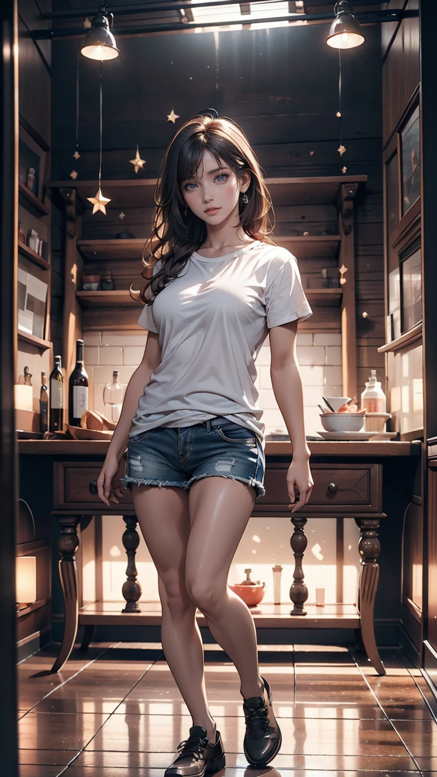 White T-shirt, Adorable,Hail 33, 18-year-old(1.0),(Scattered beneath the surface:1.1),Sharp focus,Award-winning photo,Professional portrait photography,RAW Photos (Highly detailed background:1.2),(Fantasy:0), Dramatic lighting, Full body portrait, Are standing, Full body photo, Full body photograph, Full Body Shot,