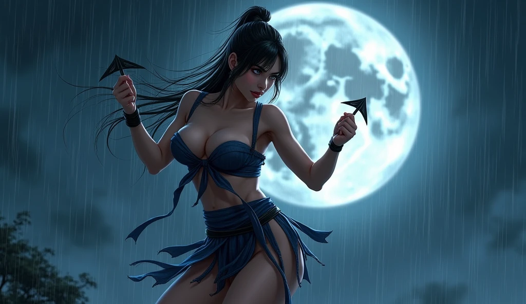 beautiful japanese woman with big breasts in a revealing short ninja costume, night, big moon, moonlight, strong wind, raindrops, shurikens in hands, preparing to strike, fighting pose, confident look