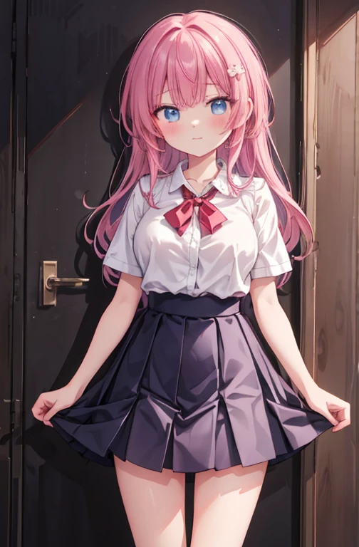 (Very detailed CG ユニティ 8k 壁紙), (masterpiece), (Highest quality), (Very detailed), (Best illustrations), (Best Shadow), (Absurd), ((Female Body)), One girl, alone,Consider, One girl, Pink Hair, hair ornaments, blue eyes, alone, , Cowboy Shot, Mini skirt left, Showing pussy , Happy ,blush,Don't wear tops,