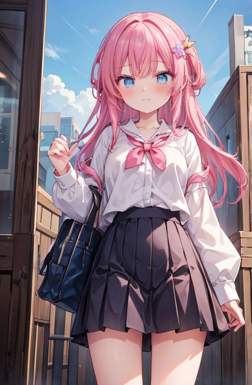 (Very detailed CG ユニティ 8k 壁紙), (masterpiece), (Highest quality), (Very detailed), (Best illustrations), (Best Shadow), (Absurd), ((Female Body)), One girl, alone,Consider, One girl, Pink Hair, hair ornaments, blue eyes, alone, , Cowboy Shot, Mini skirt left, Showing pussy , Happy ,blush,Don't wear tops,