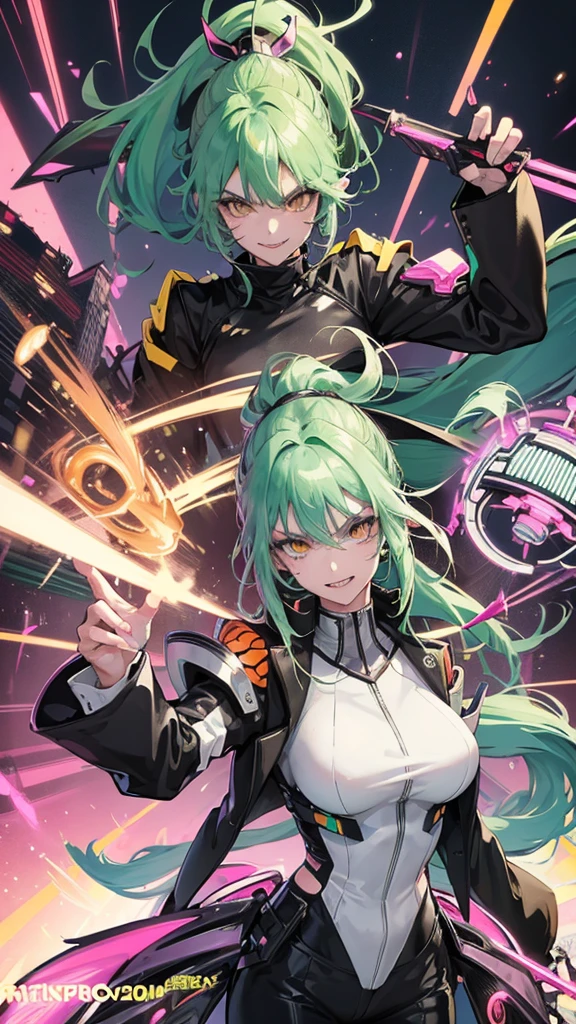 1 girl, anime, futuristic setting, tall, elegant tuxedo, neon green hair, pink streaks in hair, orange eyes, muscular, sleeves rolled up, messy hair, ponytail, beauty marks, moles, sharp teeth, shark tail, smirk, suit, pants