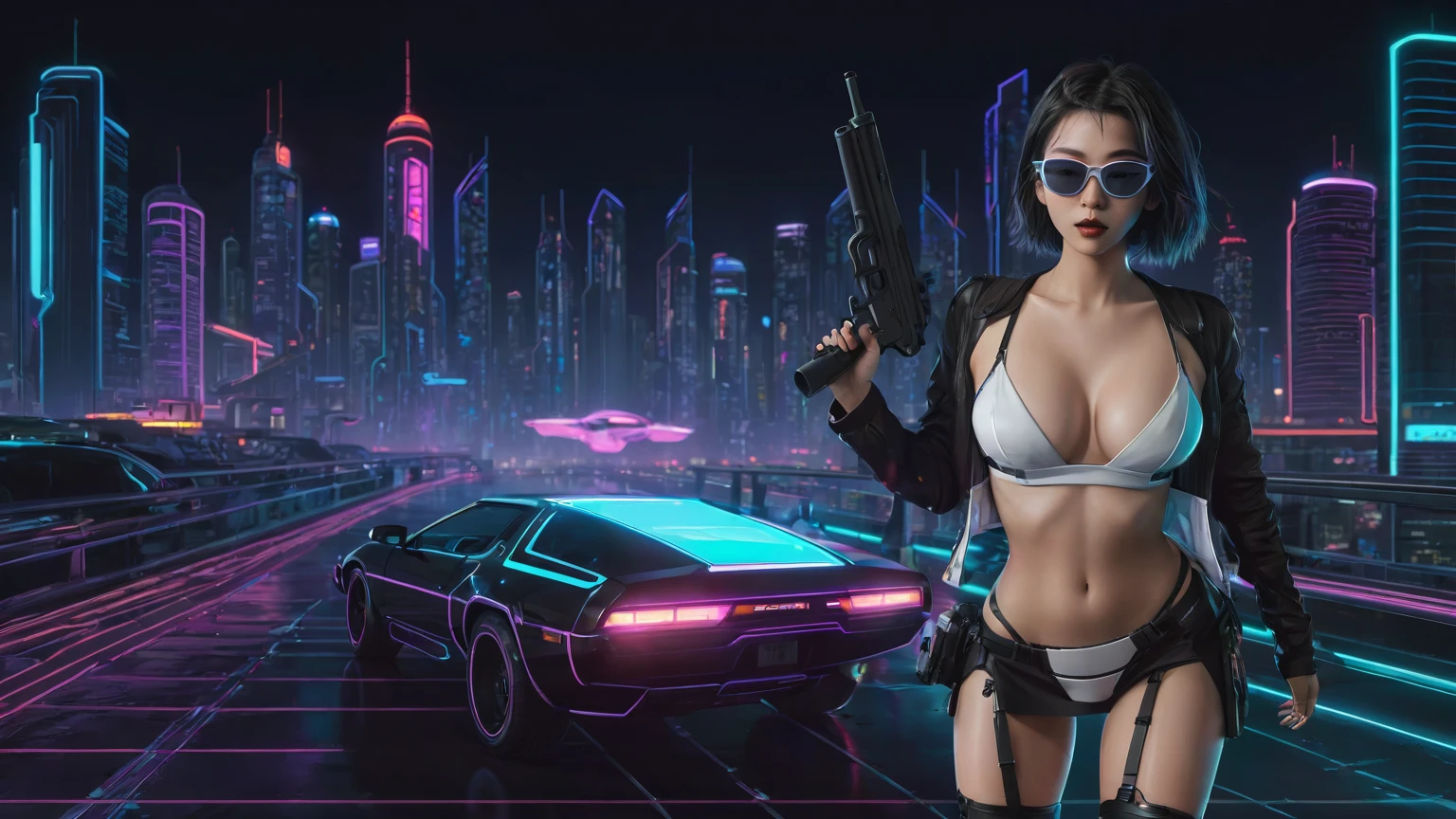 At night, simple outlined cyberpunk city, flying cars, line art background. (1girl, solo), photo realistic, medium-breast:1.3 slim body, cleavage, sling top, miniskirt, black sunglasses, holding a short gun, half-body thigh level medium shot, cinematic lighting, ray tracing.
