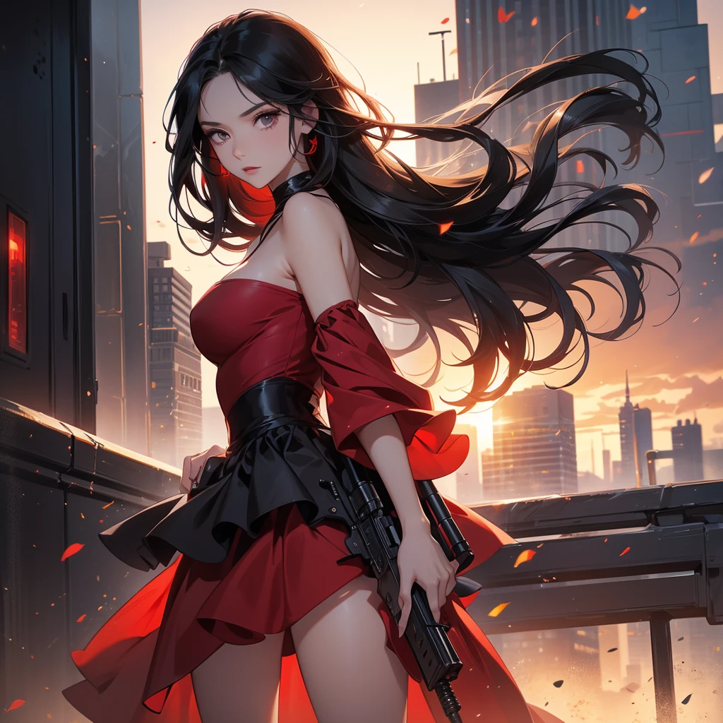 a beautiful woman with long black hair, wearing a tight red dress, standing holding a pistol, aiming the barrel at the bad guys, on a tall building, the sun is setting, close up.
