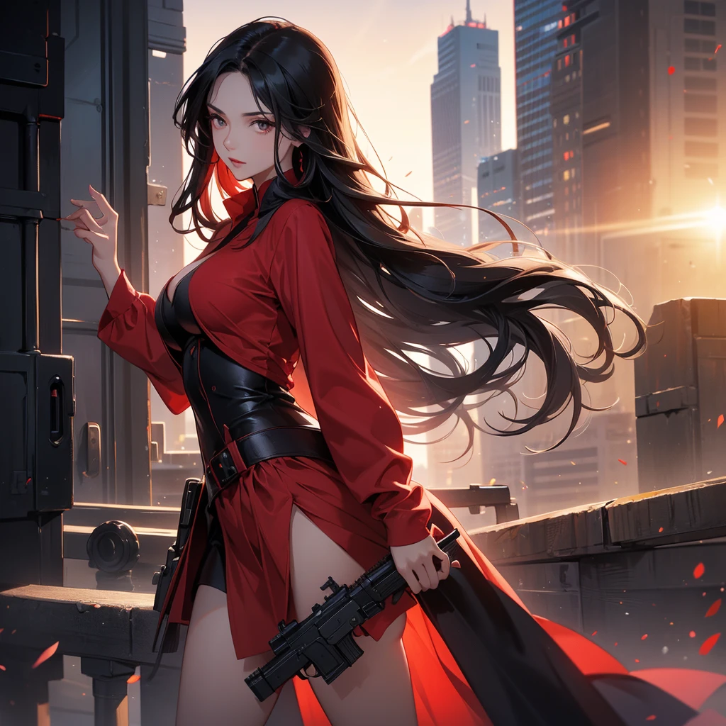 a beautiful woman with long black hair, wearing a tight red dress, standing holding a pistol, aiming the barrel at the bad guys, on a tall building, the sun is setting, close up.