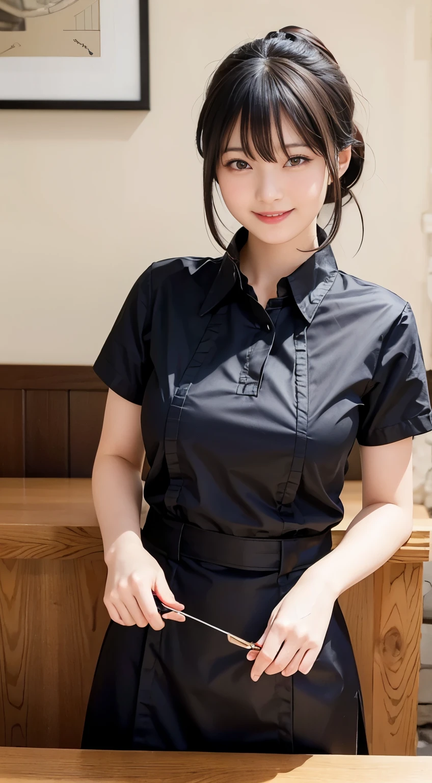 (Highest quality,masterpiece:1.3,Ultra-high resolution,),(Very detailed,Caustics),(Realistic:1.4,RAW shooting,)Ultra-Realistic Capture,Very detailed,High resolution 16K human skin closeup。 Natural skin texture、,pores、、、、It must be detailed enough to be easily identifiable。 Skin tone is even and healthy looking。 Use natural light and colour,restaurant,Waitress Uniform,1 girl,Japanese,18-year-old,cute,Black-haired,ponytail,Big Breasts,smile,Turn your body forward,(Front view:1.1),Looking into the camera,Cowboy Shot,