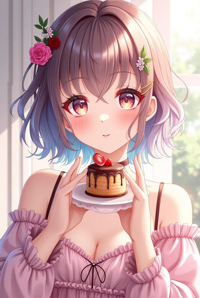 {{{Masterpiece, highest quality, high resolution background}}}, bright and beautiful atmosphere, 1 girl (, 1 short-tempered round face), small breasts, pudding on a plate in the kitchen, squatting over pudding A girl looking in, holding a spoon in her right hand, "deltamon_sdXL :0.73) >Deltamon"