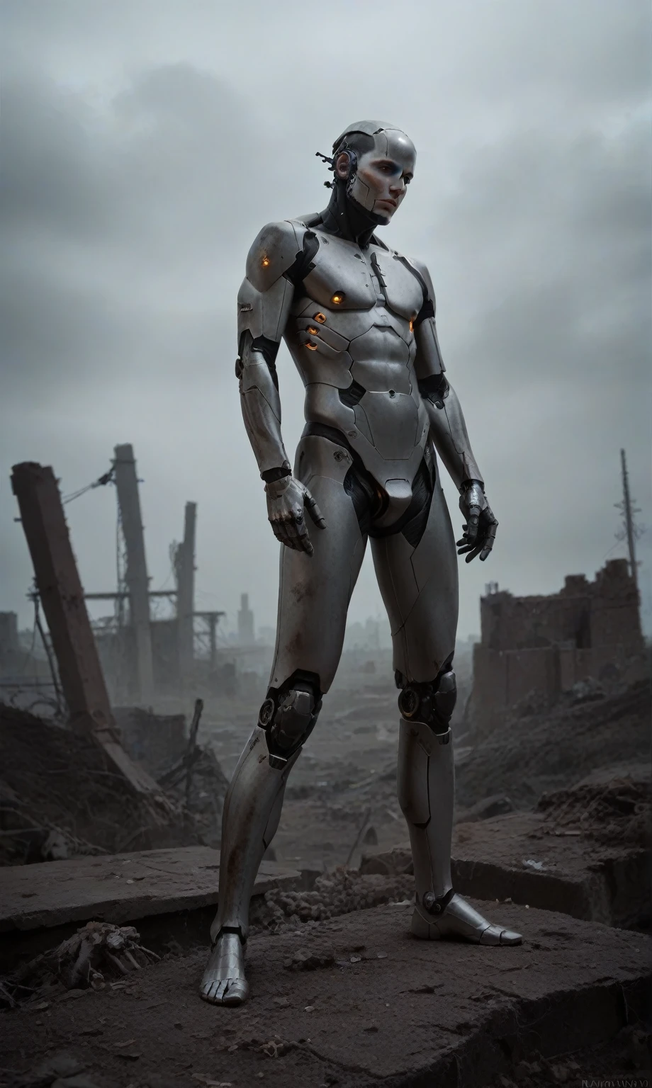 score_9, score_8_up, score_7_up, score_6_up, score_5_up, score_4_up, realistic style, photo, photorealistic, high detail, (sharp), BRAKE, man, (cyborg), mechanical head, mechanical body, mechanical arms, mechanical legs, BRAKE, stands on the ruins of a destroyed city, (post-apocalyptic landscape), dark atmosphere, dark lighting, low light, cinematic, photo from a movie, g