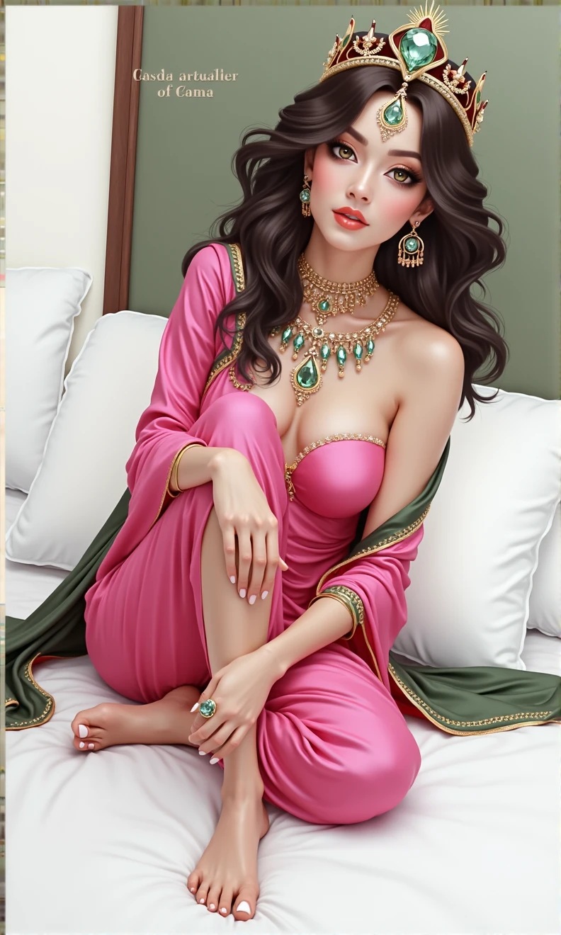 araffe woman in a green and gold outfit sitting on a bed, arabian princess, a beautiful fantasy empress, arabian beauty, persian princess, persian queen, extremely detailed artgerm, princess jasmine, ((a beautiful fantasy empress)), beautiful goddess, arab princess, beautiful genie girl, ! dream artgerm, as seen on artgerm, indian goddess