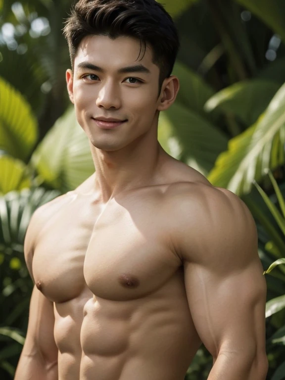 Thai muscular man, too much muscle, handsome, Clear skin, 4K, full body, very green background, green theme, happy face, sharp jaw, Eye piercing, detailed face, Beautiful, flawless skin, Bulging muscles, Torn abdomen, Healthy body, Strong structure, confident demeanor, incredible light, High quality, realistic, studio lighting, HDR, very detailed, Sharp focus, ((((Eyes shrink))) , smile ,Half shot