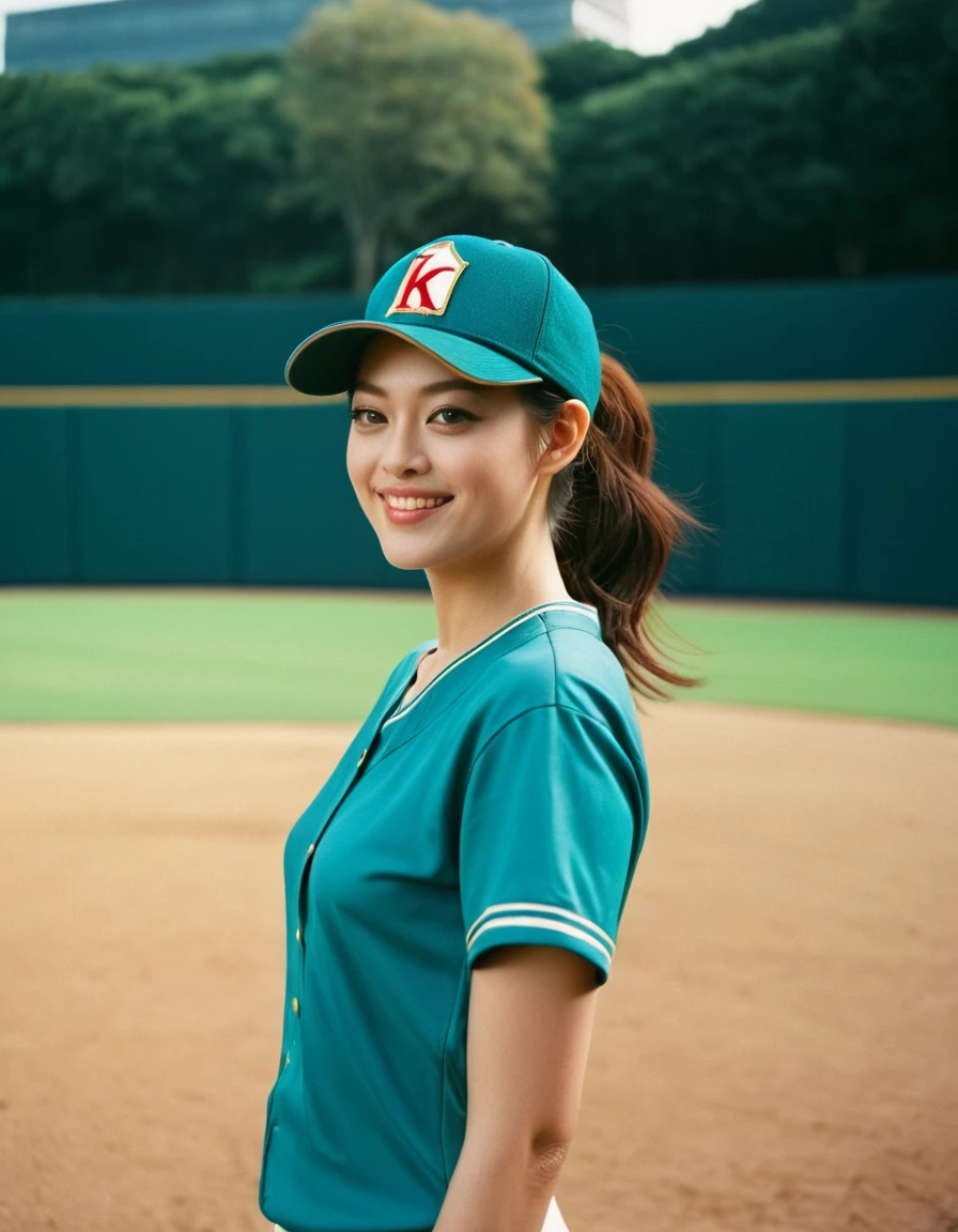 Quite a bit body, A gorgeous young asian girl in a Glamorous outfit, beautiful long slender slimmed face Japanese girl, smiling,still from the film, (solo), ((Marion Cotillard: 0.8)), blended mixed face, ((Anne Hathaway:0.9)),rose gold hair, turquoise eyes, (medium breasts), (petite body), messy hair, ponytail, medium length hair, looking at viewer, baseball uniform, outdoors, stadium, taut clothing, baseball cap, low-angle view, view from behind, back, cowboy shot, baseball pants, (masterpiece, best quality, very aesthetic, ultra detailed), intricate details, beautiful face, detailed eyes, detailed background, light from above, shiny skin, oiled skin, (Leica SL3, Summicron-SL 75 f/8 ASPH, kodak gold 400 film),
