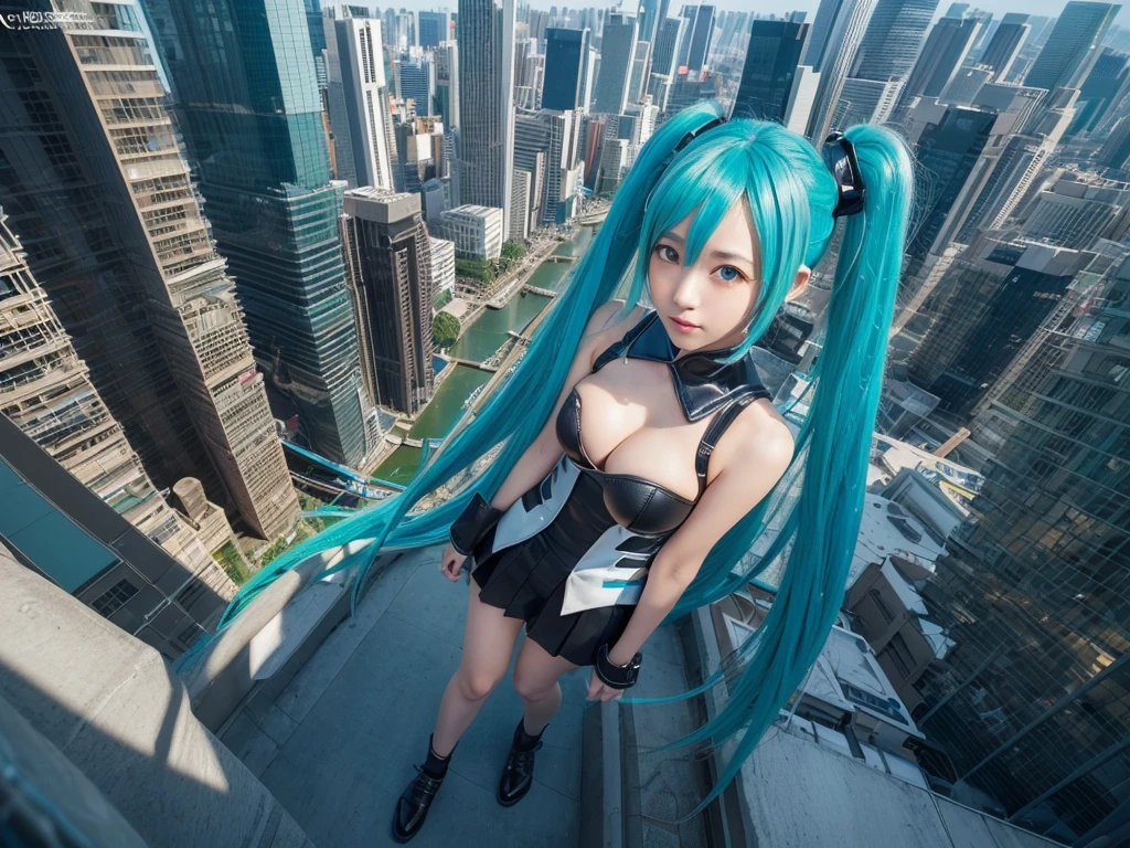 ((Description of Super Giant、8k、Realistic、Hatsune Miku、Cosplay、Japanese women、Cosplayイヤー、Large Breasts、Highly detailed depiction of the giant、Much larger than a skyscraper、very small metropolis, Miniature metropolis, 足元までの高さしかないMiniature metropolisで、Full body description、Walking from afar、top view))、((Ultra HD、Hatsune Mikuが10 people分身する、one girl clones、Highly detailed avatar art、Hatsune Mikuがたくさん、Hatsune Mikuのクローン増殖、10 people、Widely Scattered))