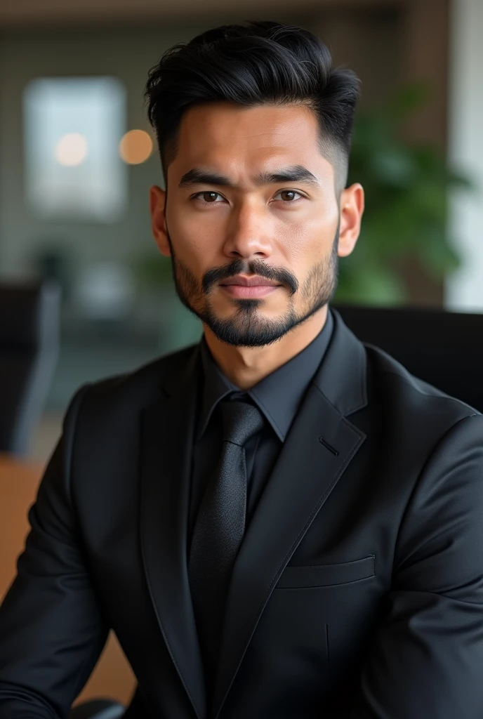 Make a story of a malay malaysian boy named syafiq who is dressed in black sweatshirt magically age progressed into a handsome,muscular,masculine 35 year old malay malaysian boss dressed in a black suit and tie with a side part hair with gel in his hair and a goatee
