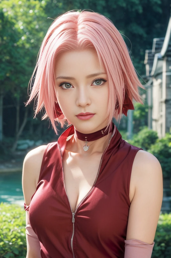 masterpiece, best quality, (realistic,photo-realistic:1.4), (RAW photo:1.2), extremely detailed CG unity 8k wallpaper, delicate and beautiful, amazing, finely detail,official art, absurdres, incredibly absurdres, huge filesize, ultra-detailed, extremely detailed, extremely detailkcaled girl,extremely detailed eyes and face, light on face,little smiles,(short hair:1.3),(pink hair:1.3)(nature background:1.4),haruno sakura,(wearing red clothes:1.4),(wearing chocker:1.5)