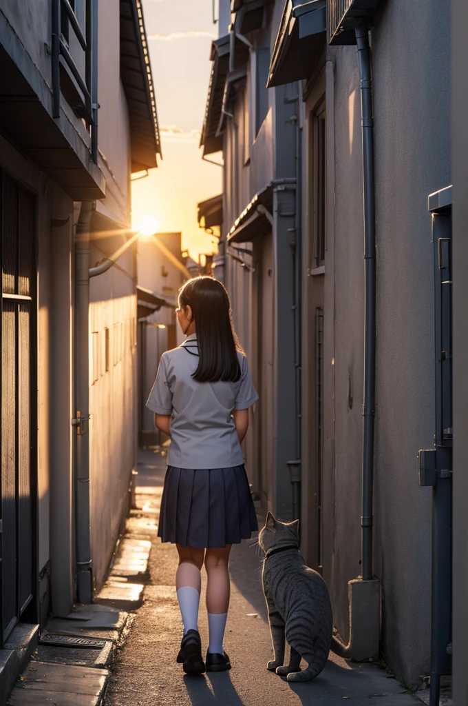 girl in school uniform petting a grey cat, alleyway, sunset, 50mm lens