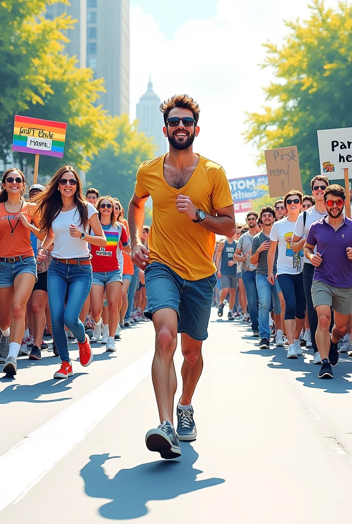 draw a gay man running in an lgbt parade and a bunch of people behind him with a sign saying "get out of here you faggot"