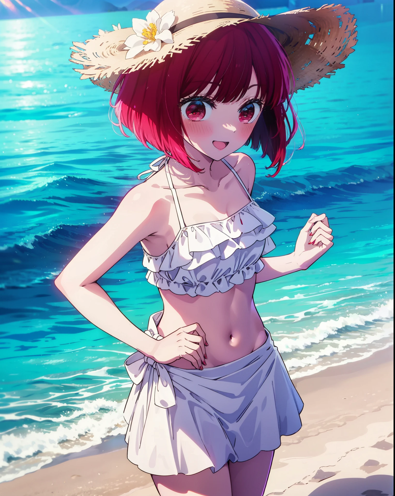 canary, Arima etc., short hair, bangs, (Red eyes:1.3), Redhead, Bobcut, Straw hat,smile,Open your mouth,blush,White string bikini swimsuit with frills,Belly button,abdomen,A thin long skirt is wrapped around her waist,barefoot,Sandy Beachを散歩している,whole bodyがイラストに入るように,
break outdoors, Sandy Beach,Beach,
break looking at viewer,whole body,
break (masterpiece:1.2), Highest quality, High resolution, unity 8k wallpaper, (figure:0.8), (Beautiful attention to detail:1.6), Highly detailed face, Perfect lighting, Highly detailed CG, (Perfect hands, Perfect Anatomy),