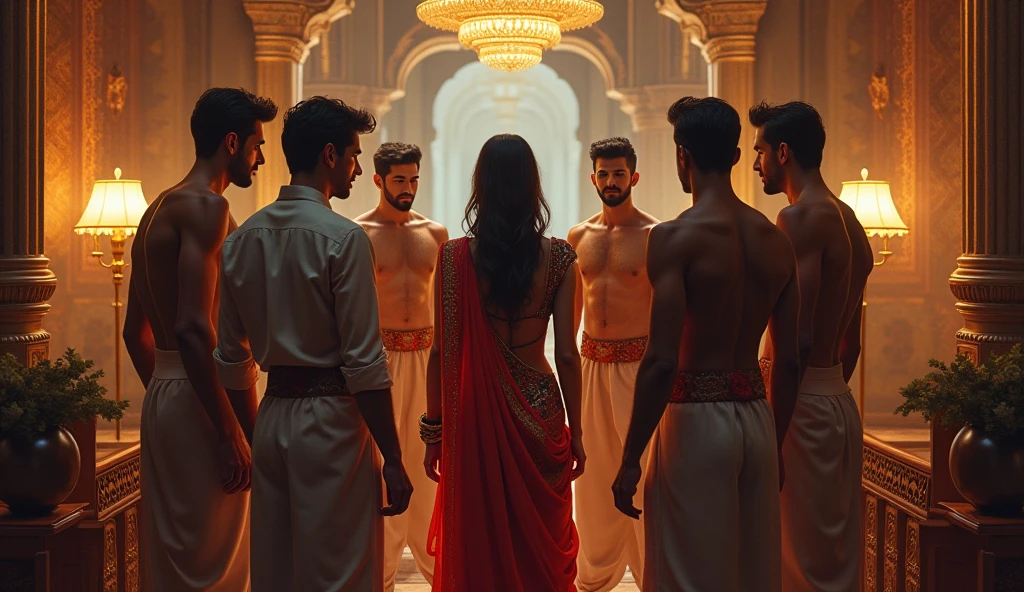 There is a indian girl, a courtesan, and 4-5 men standing near her.