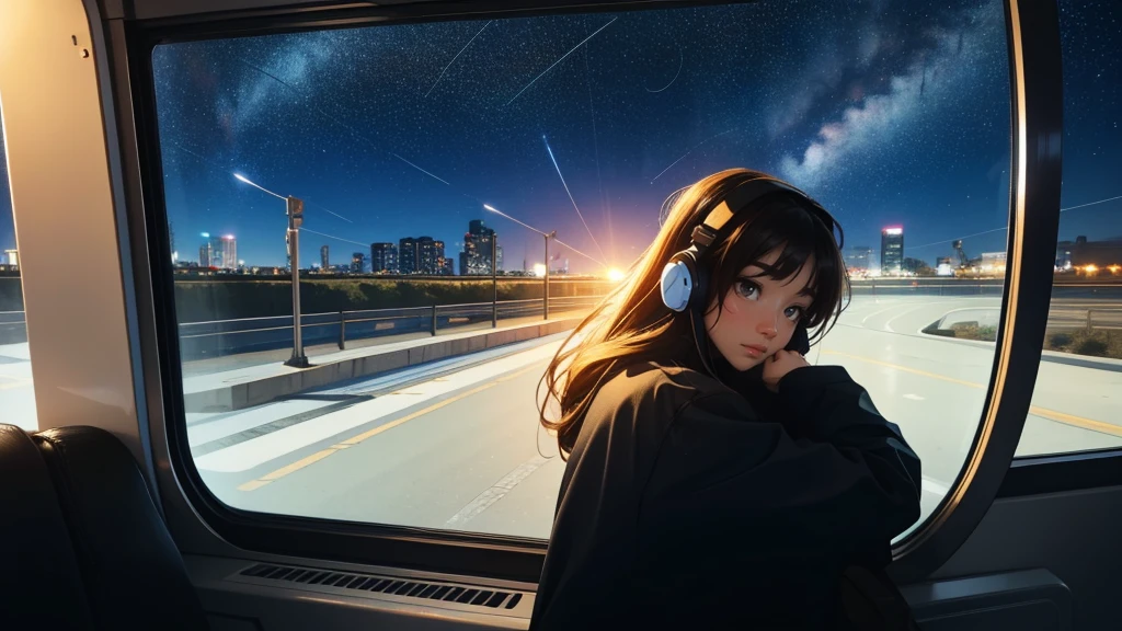 train, Sit by the window, Adopt a pensive posture, Stargazing, His head was stuck in the glass, Put on headphones, Let your hands hang naturally,Scenery passing by at high speed, Night Travel, Beautiful starry sky, beautiful girl, UHD Portrait, (high quality) (Super detailed) Observation of viewers wearing hip-hop street fashion; different, colorful, Long hair in color 🌈