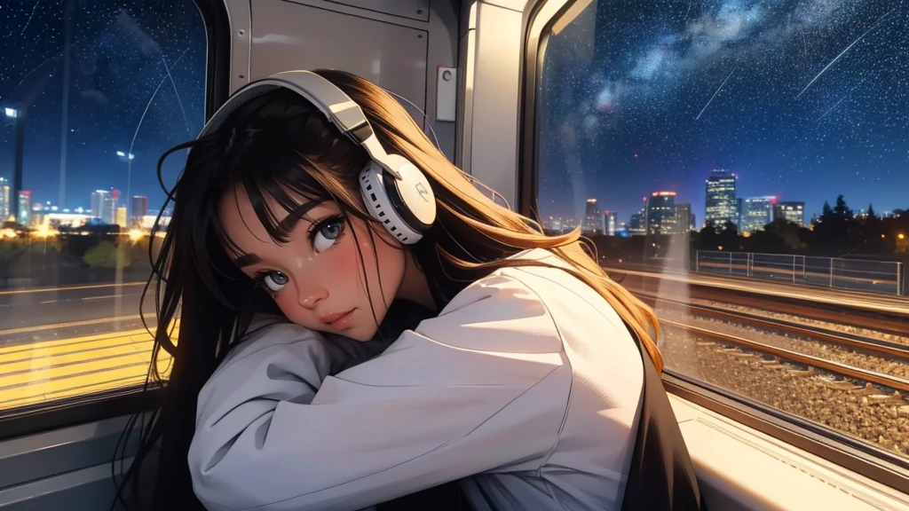 train, Sit by the window, Adopt a pensive posture, Stargazing, His head was stuck in the glass, Put on headphones, Let your hands hang naturally,Scenery passing by at high speed, Night Travel, Beautiful starry sky, beautiful girl, UHD Portrait, (high quality) (Super detailed) Observation of viewers wearing hip-hop street fashion; different, colorful, Long hair in color 🌈